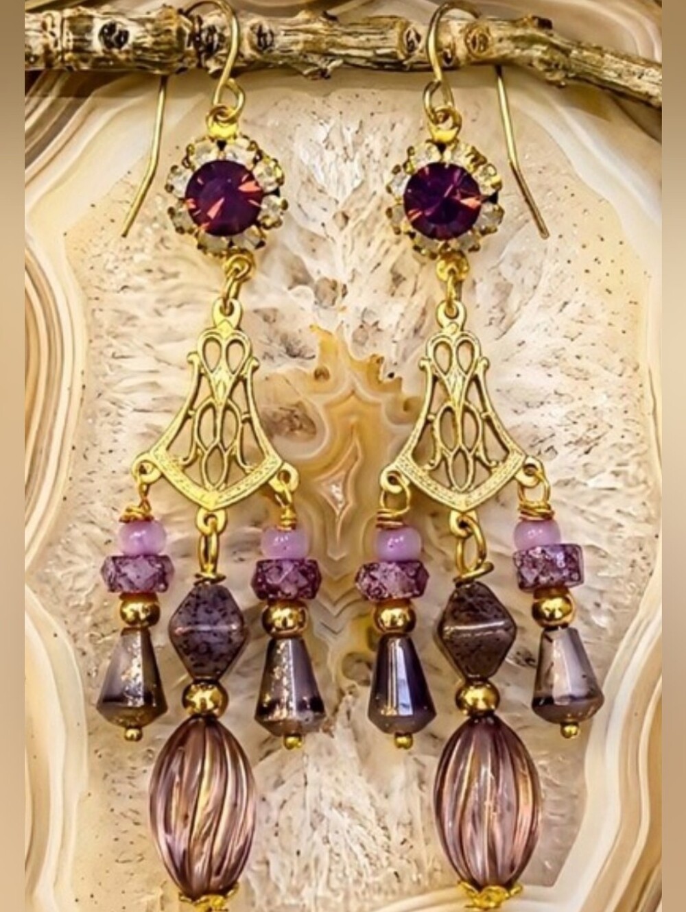 Victorian Opaline Purple W/ Crystal Flowers In 3 Strands Long GP Earrings